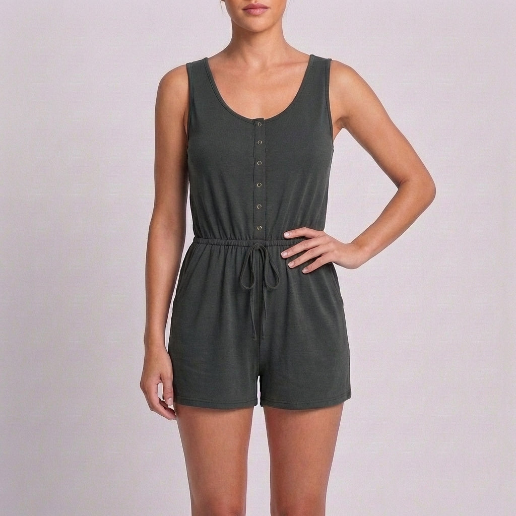Effortless Sleeveless Romper with Drawstring Waist and Button Front