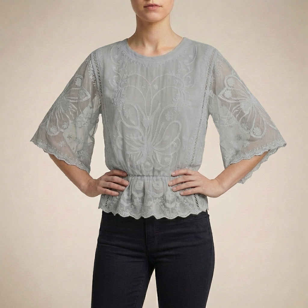 Boho-Chic Embroidered Sheer Mesh Blouse with Flared Sleeves