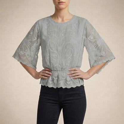 Boho-Chic Embroidered Sheer Mesh Blouse with Flared Sleeves