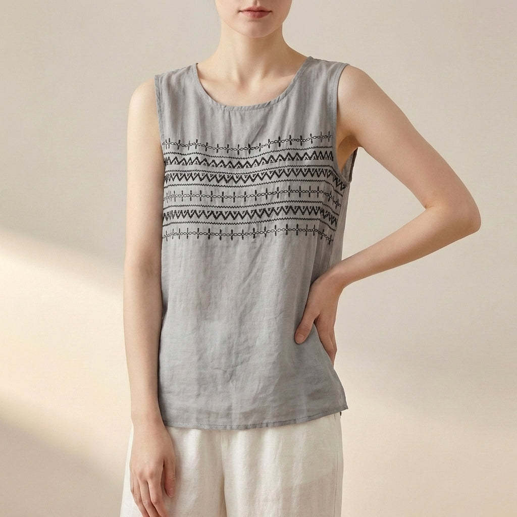 Relaxed Geometric Embroidered Sleeveless Vest with Layered Hem