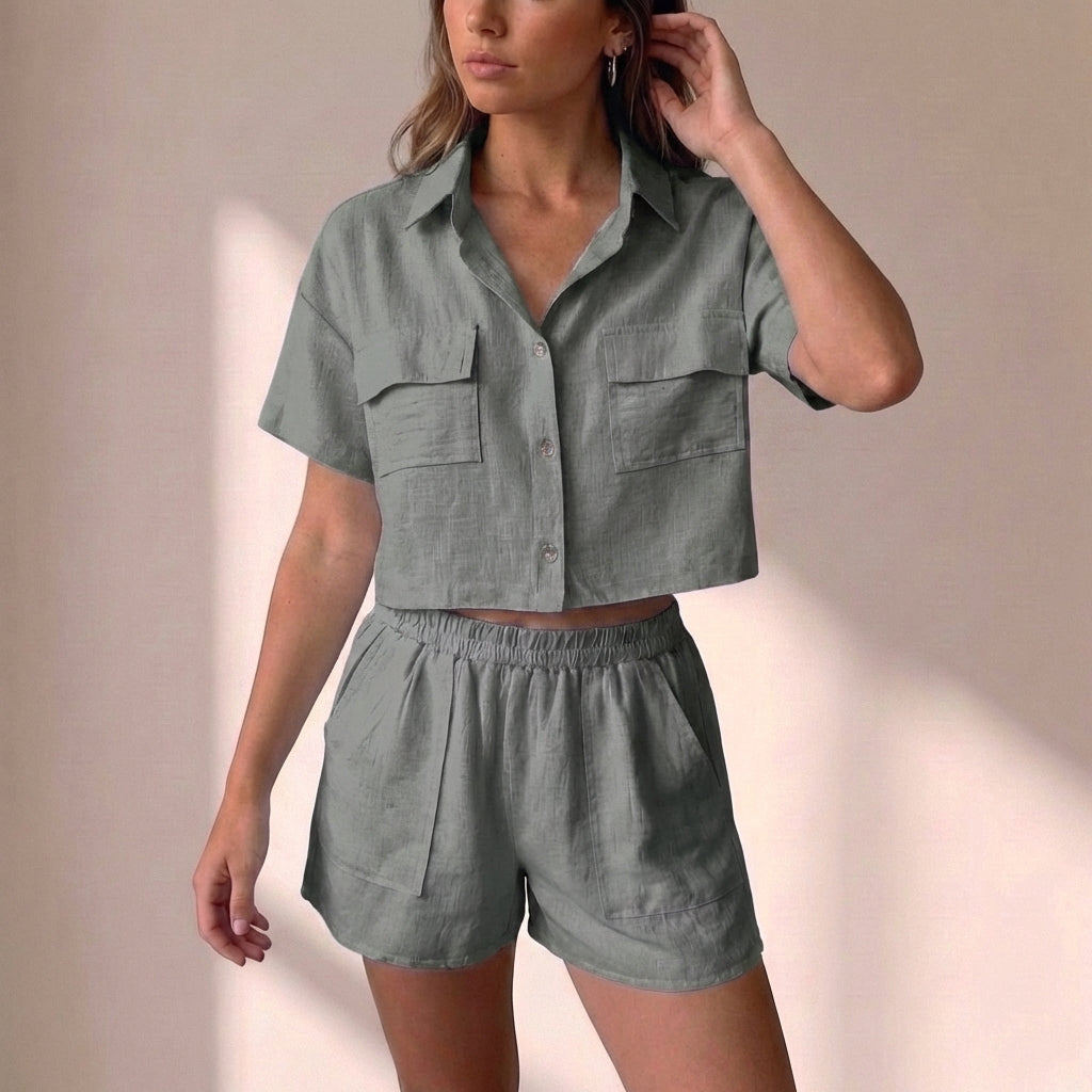 Relaxed Collared Two-Piece Shorts Set in Lightweight Textured Woven Fabric