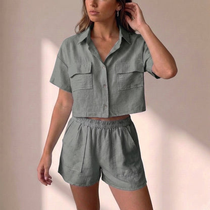 Relaxed Collared Two-Piece Shorts Set in Lightweight Textured Woven Fabric
