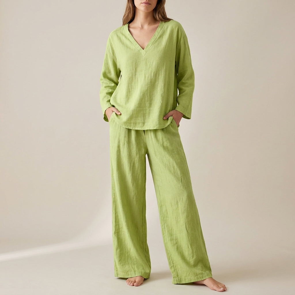 Relaxed V-Neck Pullover with Flowing Wide-Leg Pants Set