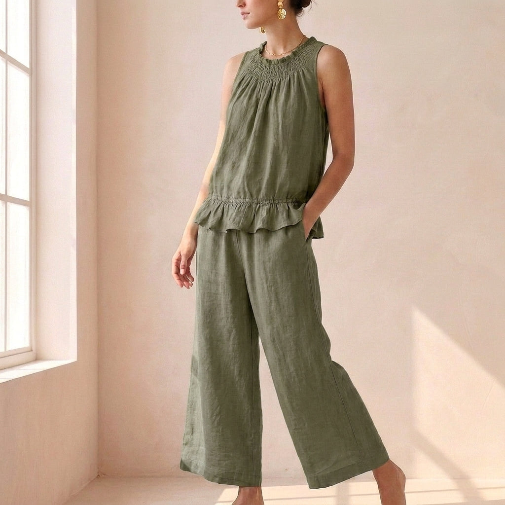 Bohemian-Inspired Relaxed Two-Piece Set with Ruffled Neckline and Wide-Leg Trousers