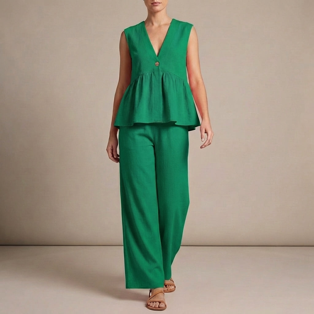 Lightweight Textured Two-Piece Set with Peplum Top and Wide-Leg Pants