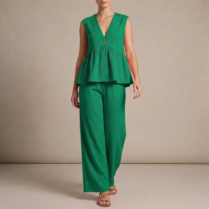 Lightweight Textured Two-Piece Set with Peplum Top and Wide-Leg Pants