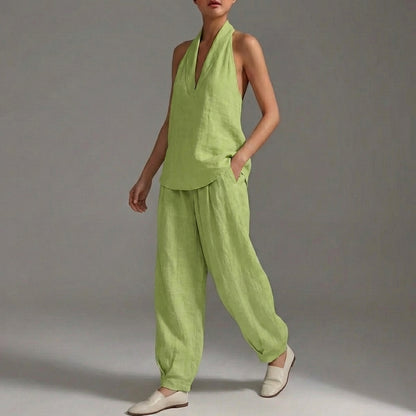 Lightweight Two-Piece Halter V-Neck Suit with Wide-Leg Trousers