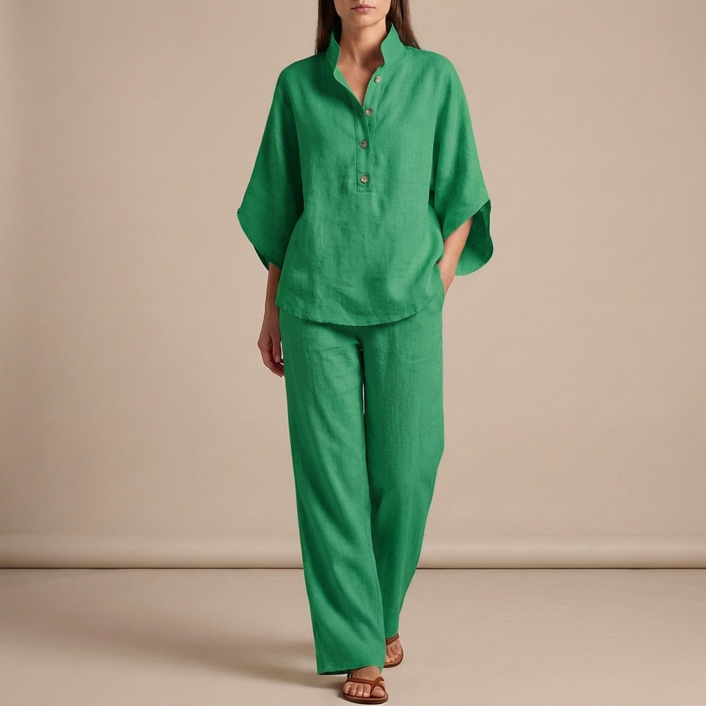 Woven Two-Piece Relaxed Shirt and Wide-Leg Trouser Set for Urban Leisure