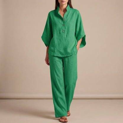 Woven Two-Piece Relaxed Shirt and Wide-Leg Trouser Set for Urban Leisure