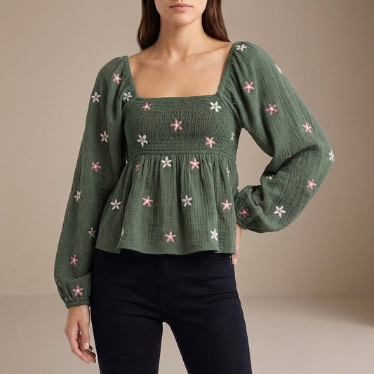 Bohemian-Inspired Peplum Top with Smocked Bodice and Embroidered Detail