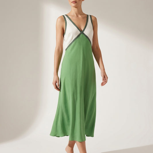 Elevated Color-Blocked Maxi Dress with Deep V-Neck and Draped Silhouette