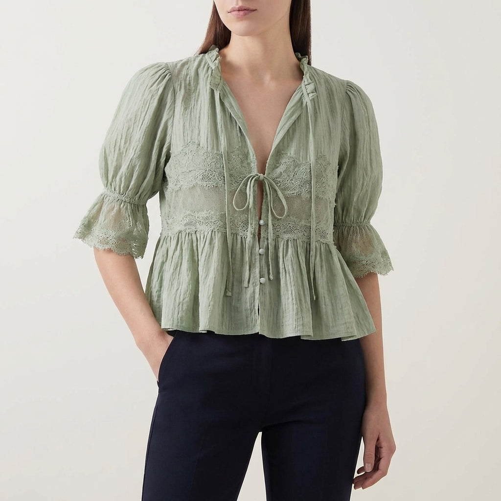 Flowing Bohemian Babydoll Blouse with Lace Insets and Ruffle Trim