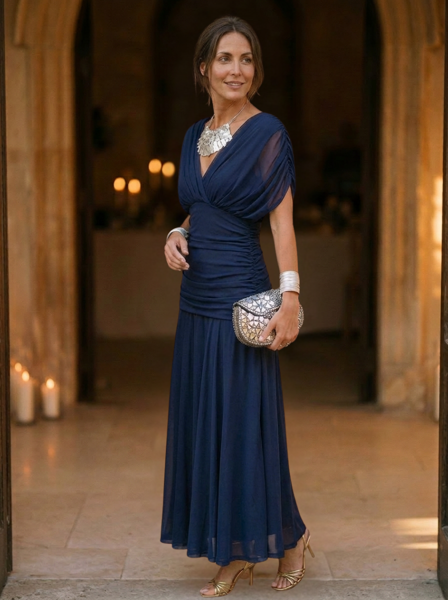 Elegant Off-Shoulder Pleated Midi Dress