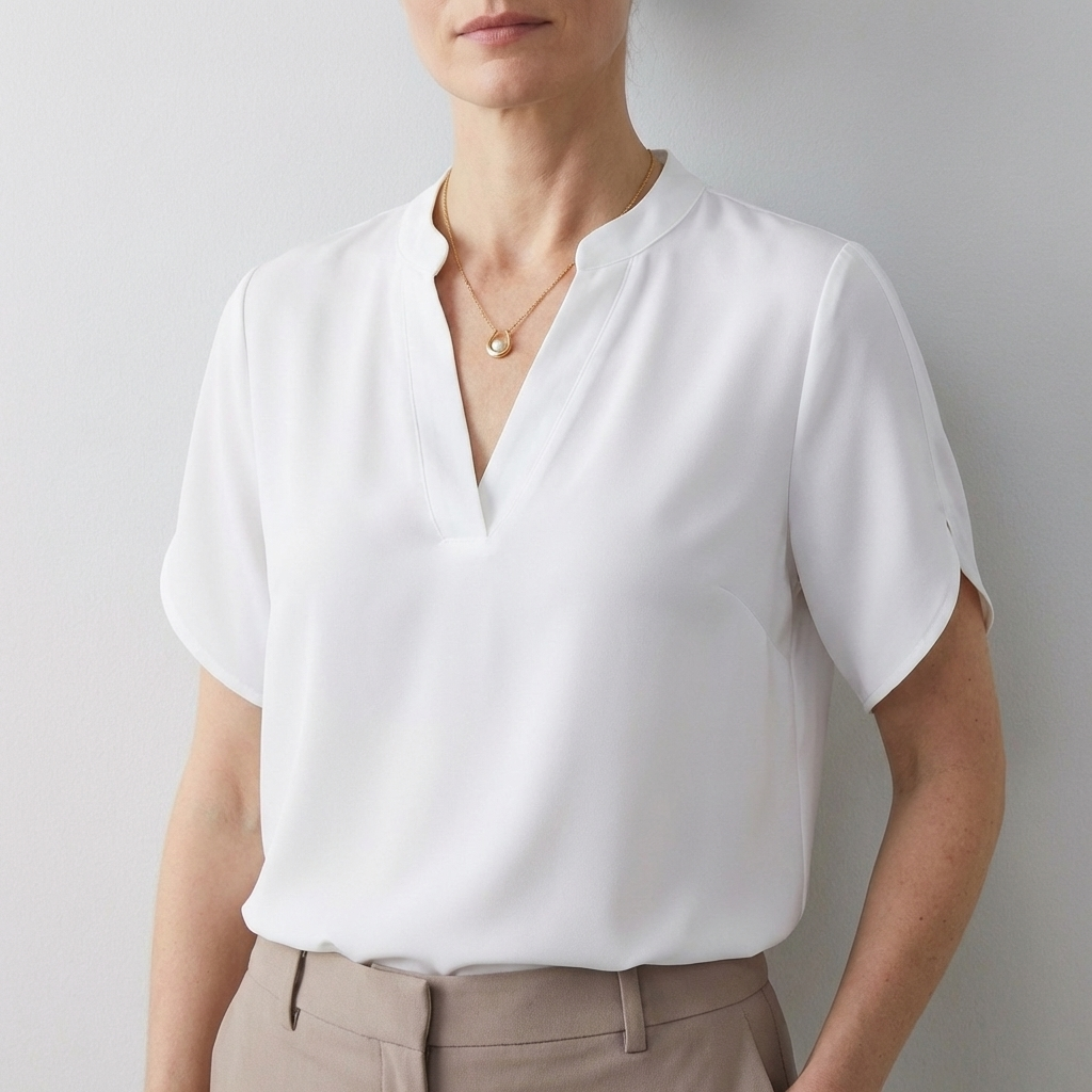 Dionne Relaxed V-Neck Blouse with Band Collar and Split Sleeves