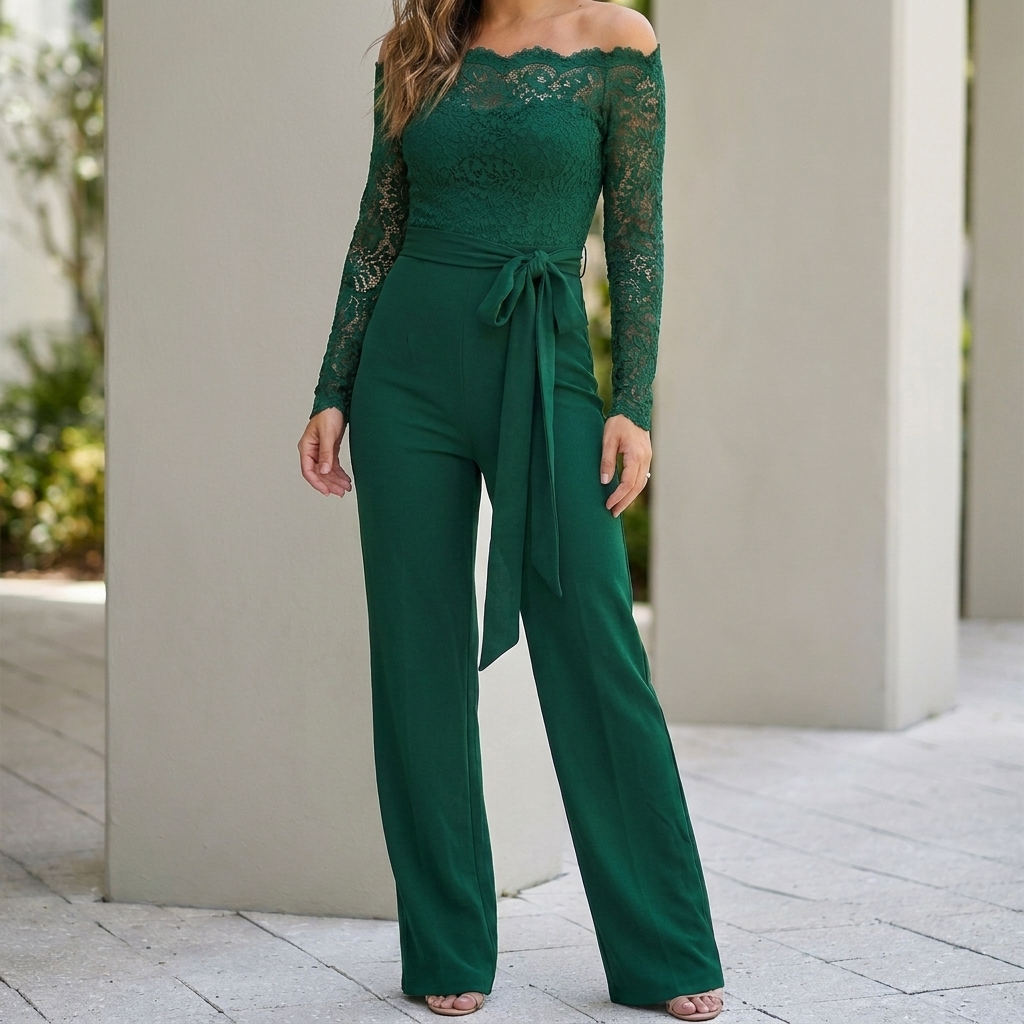 Off-the-Shoulder Lace Bodice Wide-Leg Jumpsuit with Tie Waist