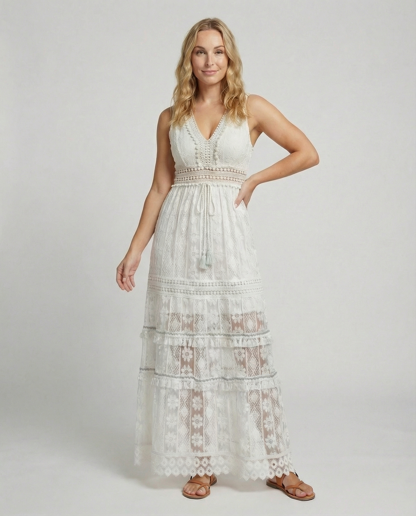 Bohemian Lace Maxi Dress with Tiered Skirt and Tassel Waist