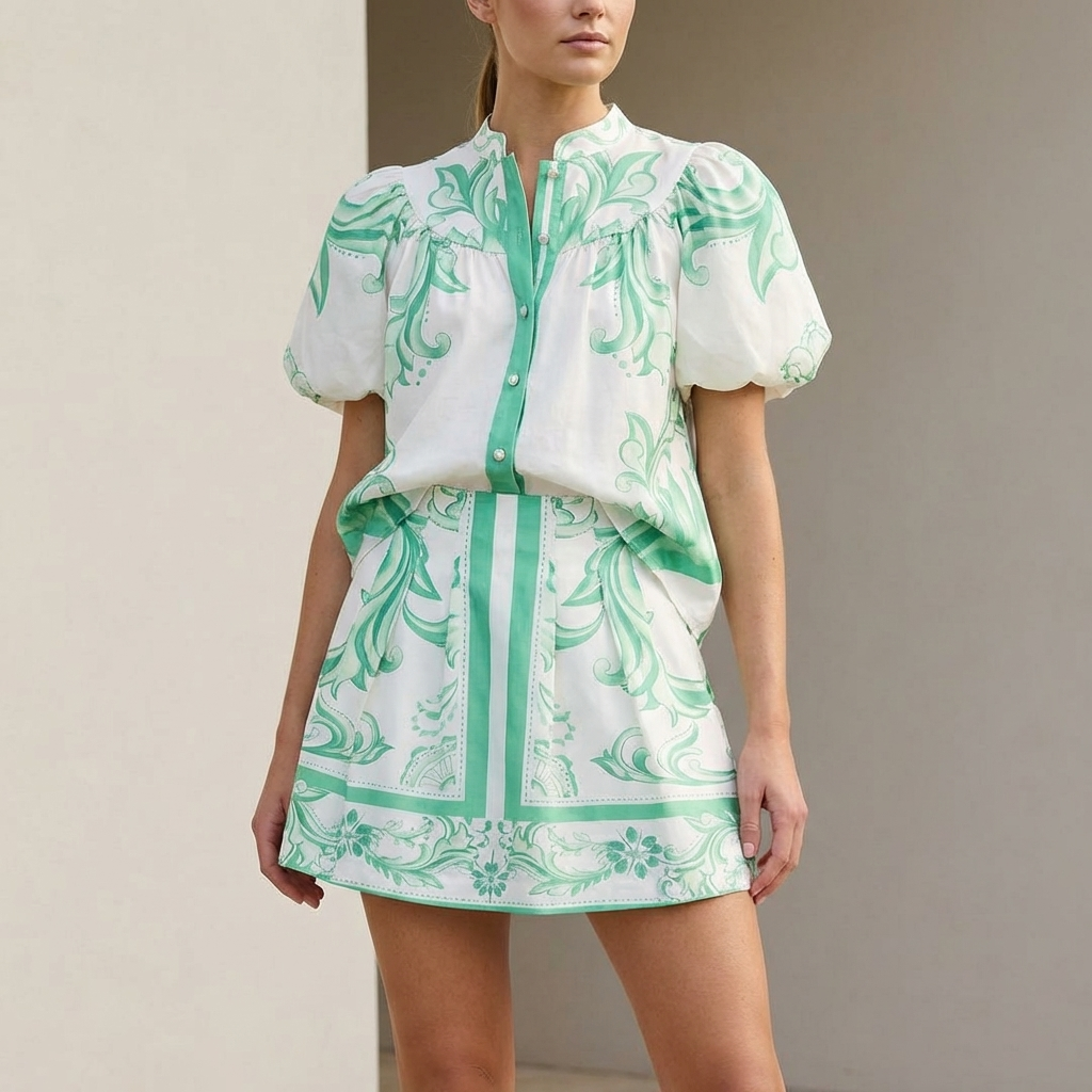 Puff Sleeve Button-Front Top and A-Line Mini Skirt Matching Set with Band Collar