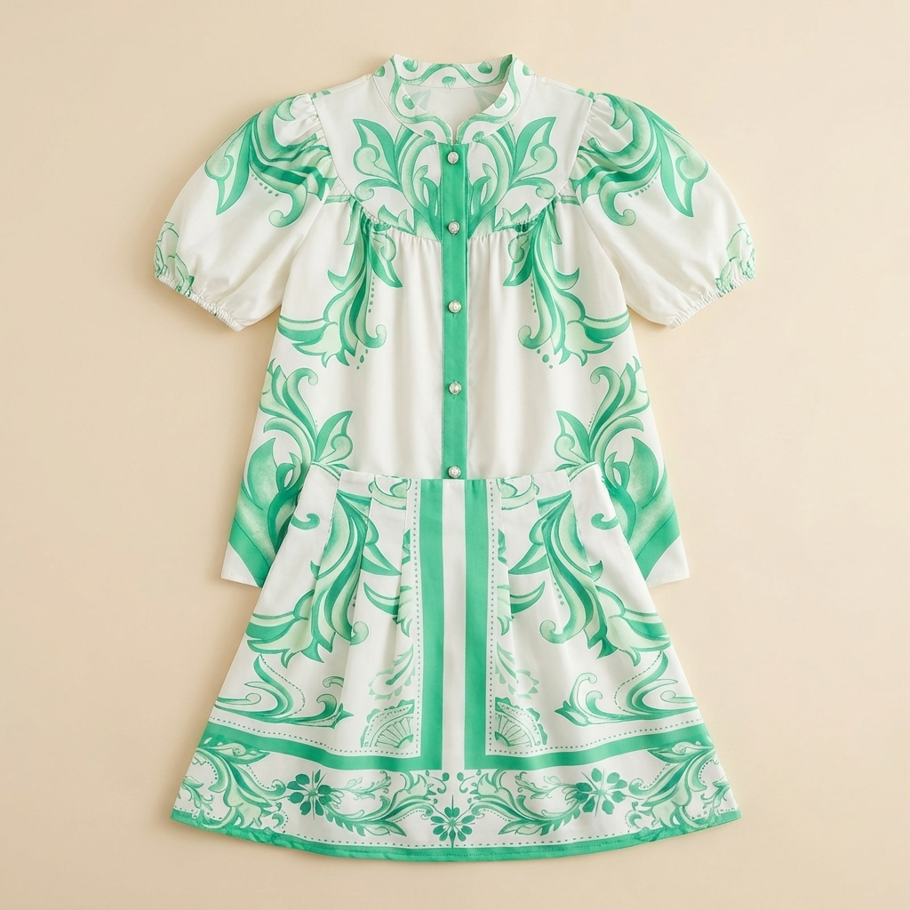 Puff Sleeve Button-Front Top and A-Line Mini Skirt Matching Set with Band Collar