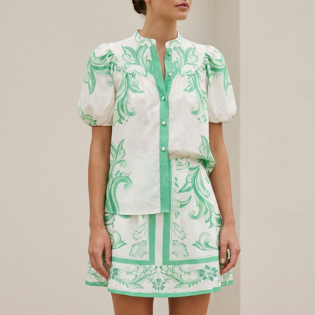 Puff Sleeve Button-Front Top and A-Line Mini Skirt Matching Set with Band Collar