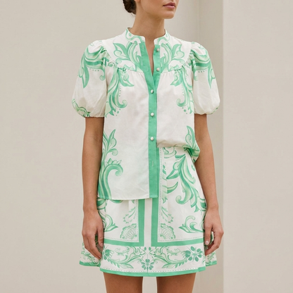 Puff Sleeve Button-Front Top and A-Line Mini Skirt Matching Set with Band Collar
