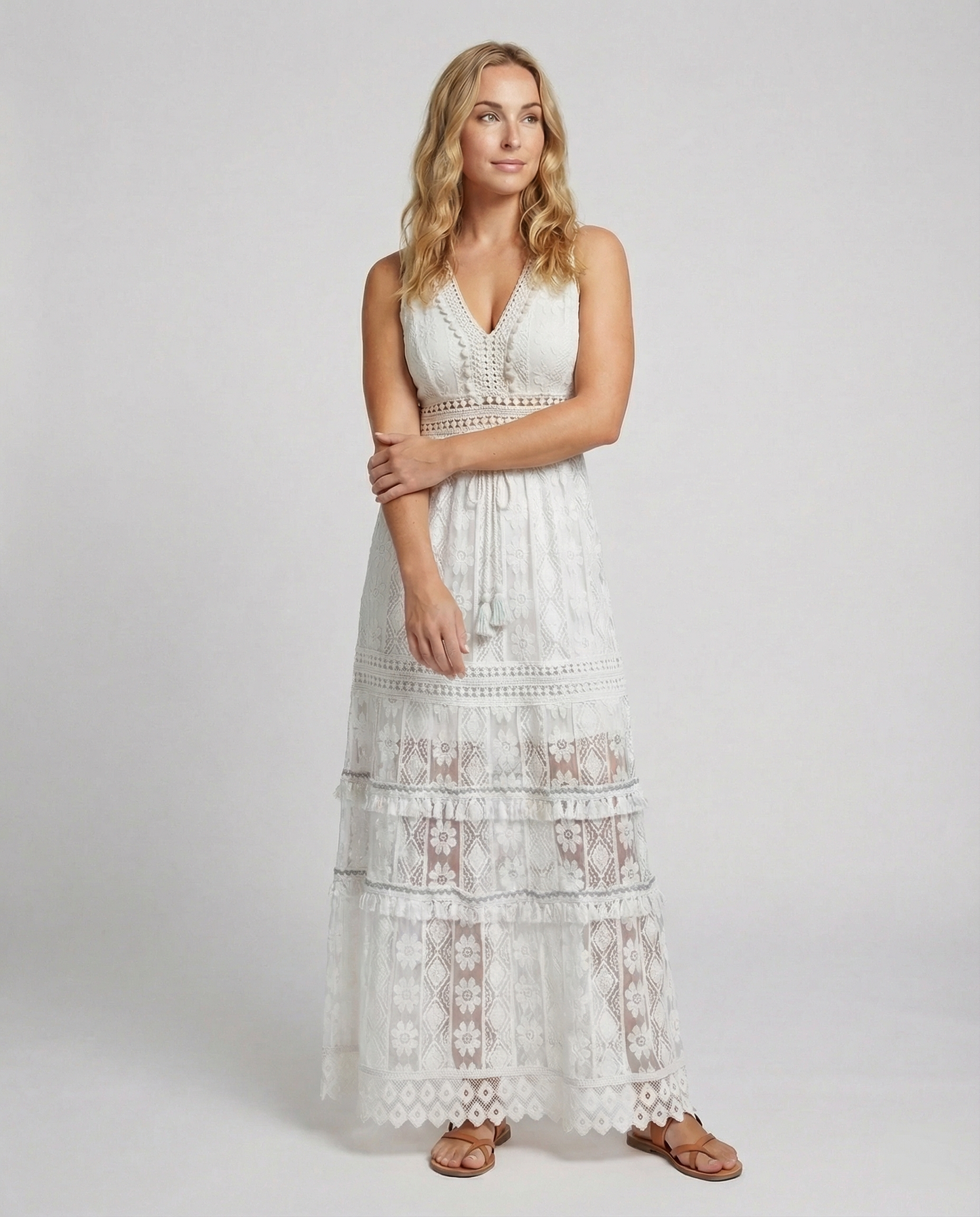 Bohemian Lace Maxi Dress with Tiered Skirt and Tassel Waist