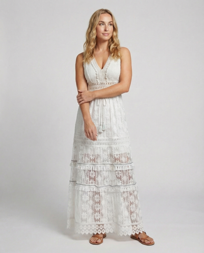 Bohemian Lace Maxi Dress with Tiered Skirt and Tassel Waist