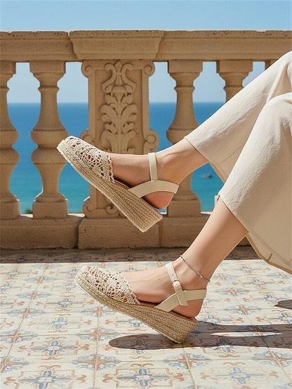 Crochet Openwork Espadrille Wedge Sandals with Adjustable Ankle Strap