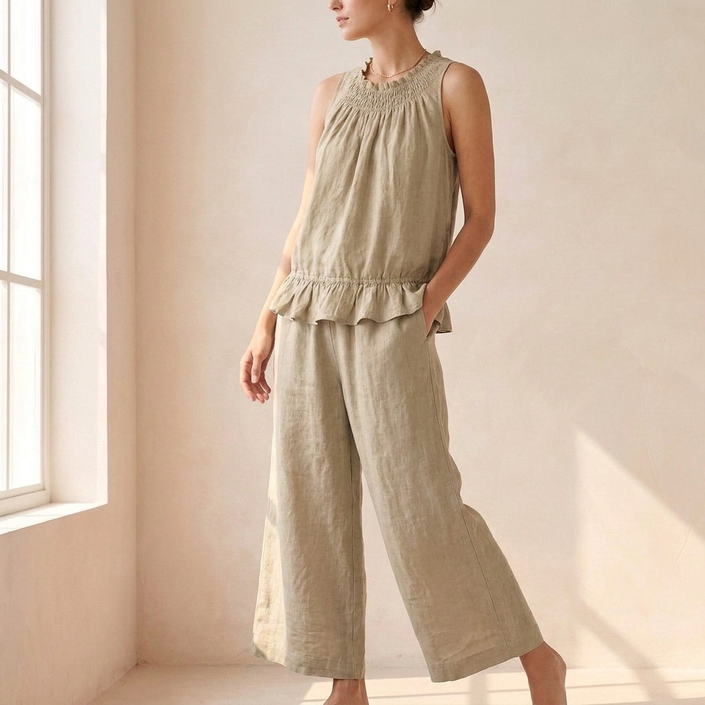 Bohemian-Inspired Relaxed Two-Piece Set with Ruffled Neckline and Wide-Leg Trousers