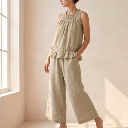 Bohemian-Inspired Relaxed Two-Piece Set with Ruffled Neckline and Wide-Leg Trousers
