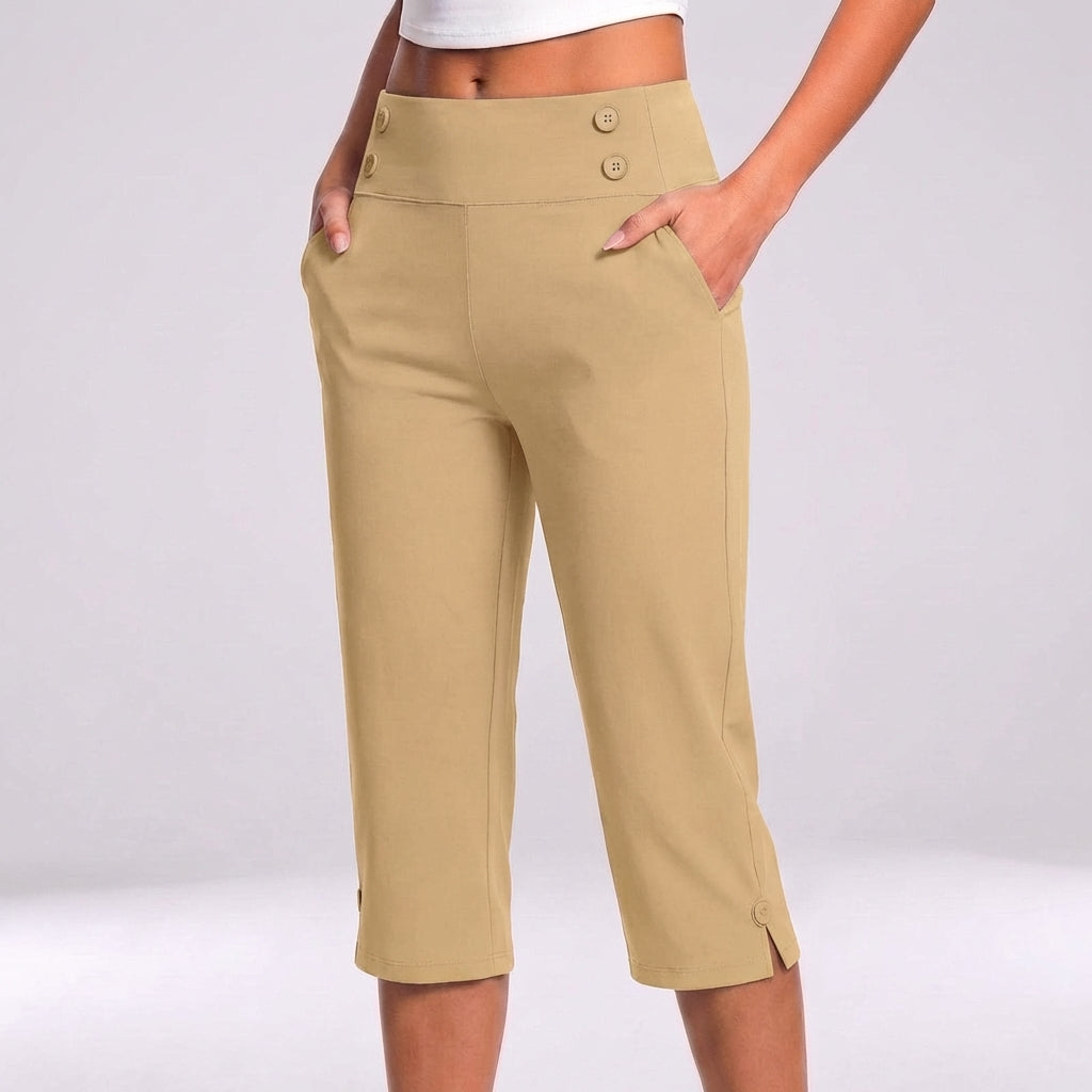 High-Waisted Tapered Capri Pants with Button Detail and Side Pockets
