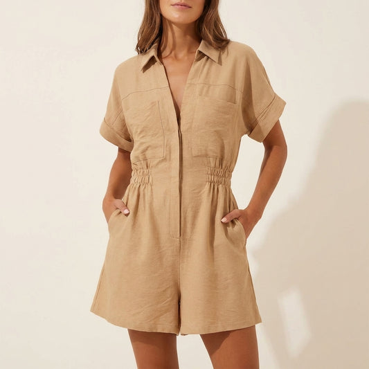 Relaxed Wide-Leg Utility Romper with Collared V-Neck and Pockets