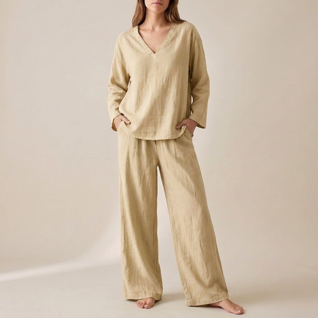 Relaxed V-Neck Pullover with Flowing Wide-Leg Pants Set