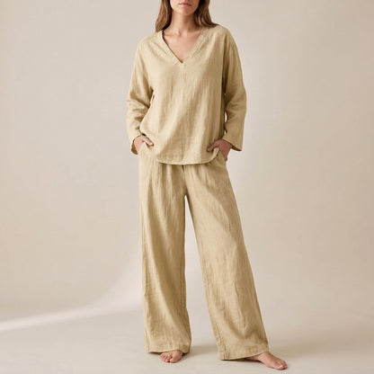 Relaxed V-Neck Pullover with Flowing Wide-Leg Pants Set