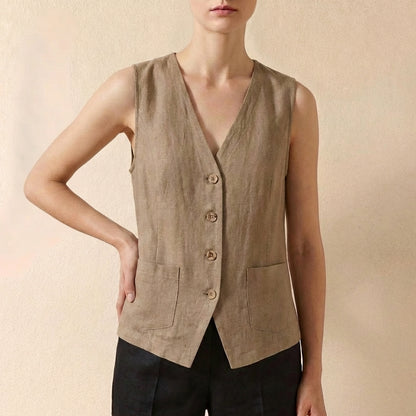 Arlena Relaxed Vest with Contrast Trim and Patch Pockets