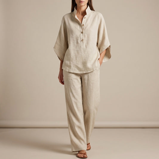 Woven Two-Piece Relaxed Shirt and Wide-Leg Trouser Set for Urban Leisure