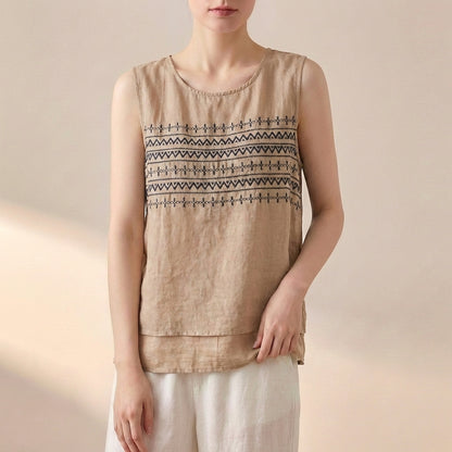Relaxed Geometric Embroidered Sleeveless Vest with Layered Hem