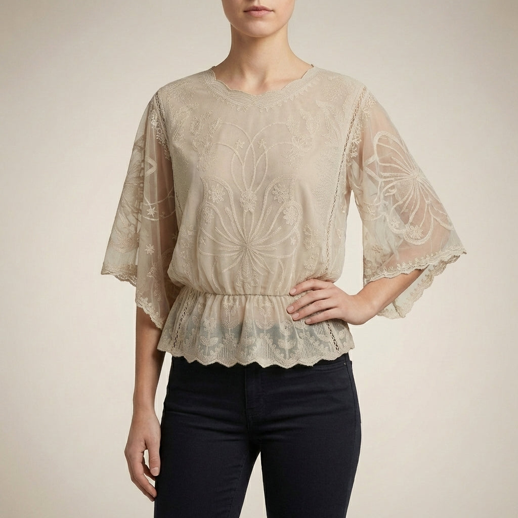 Boho-Chic Embroidered Sheer Mesh Blouse with Flared Sleeves