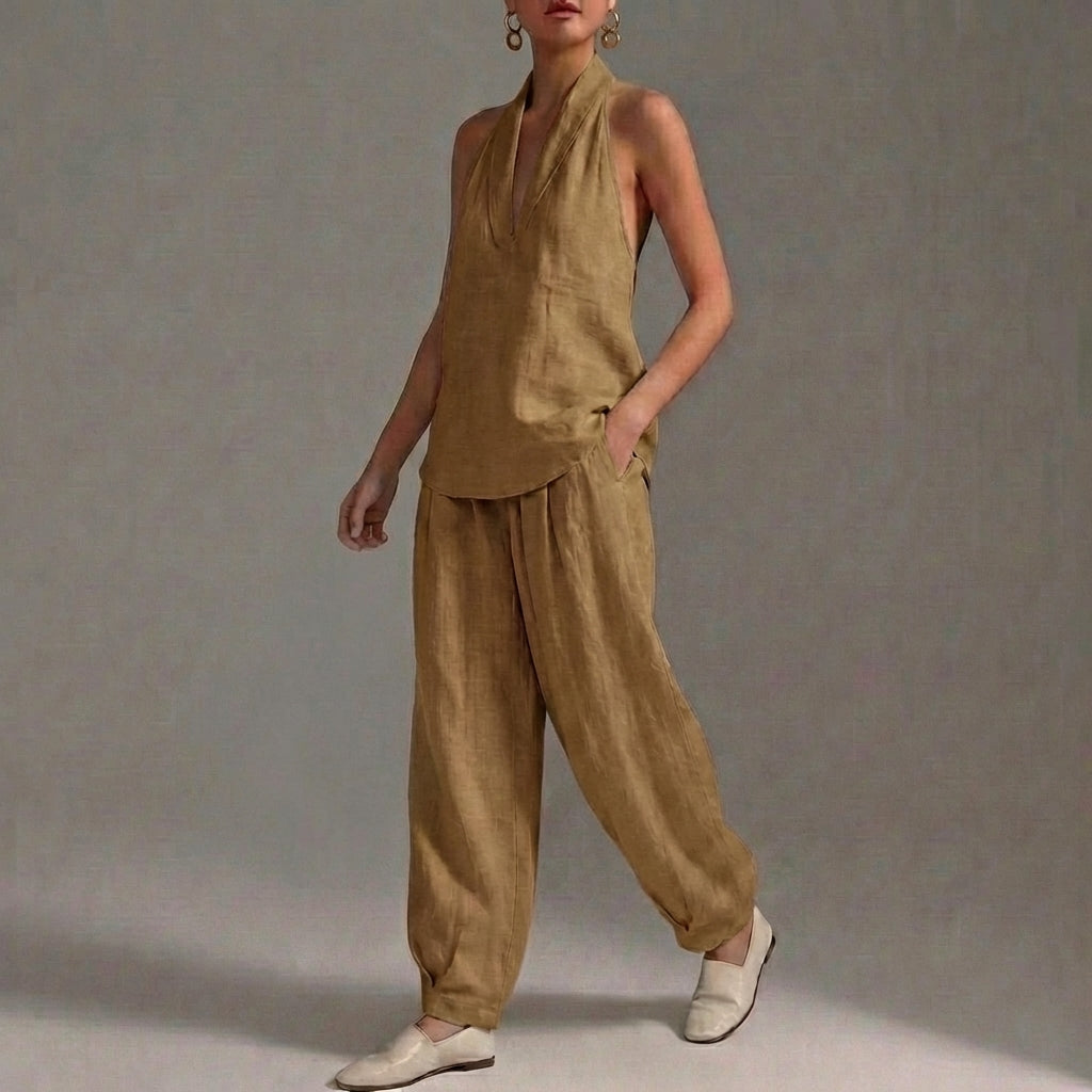 Lightweight Two-Piece Halter V-Neck Suit with Wide-Leg Trousers