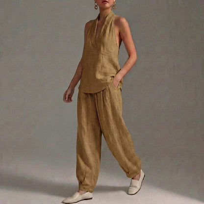 Lightweight Two-Piece Halter V-Neck Suit with Wide-Leg Trousers