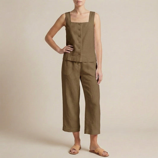 Structured Two-Piece Set with Square Neck Top and Wide-Leg Capris