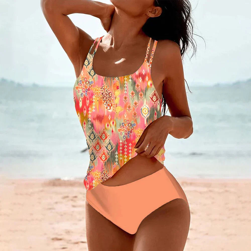 Bohemian Print Tankini Top & High-Waisted Bikini Bottom Set