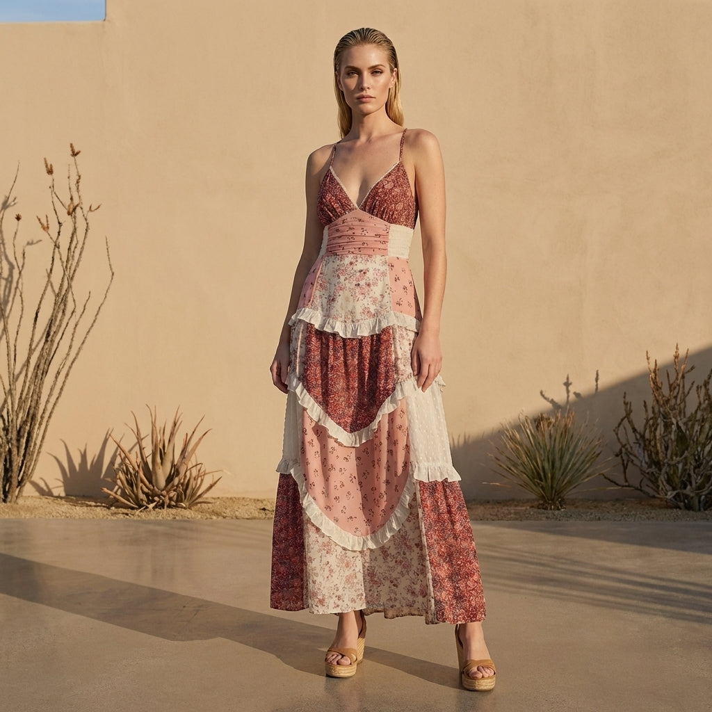 Bohemian Patchwork Tiered Maxi Dress with Ruched Empire Waist