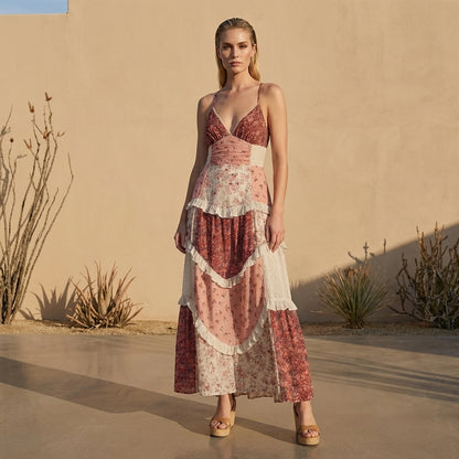 Bohemian Patchwork Tiered Maxi Dress with Ruched Empire Waist