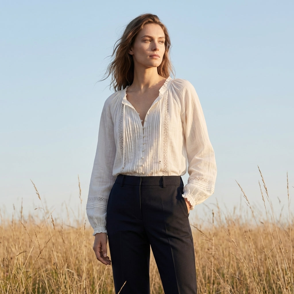 Bohemian-Inspired Pintuck and Lace Long Sleeve Blouse with Ruffled Neckline