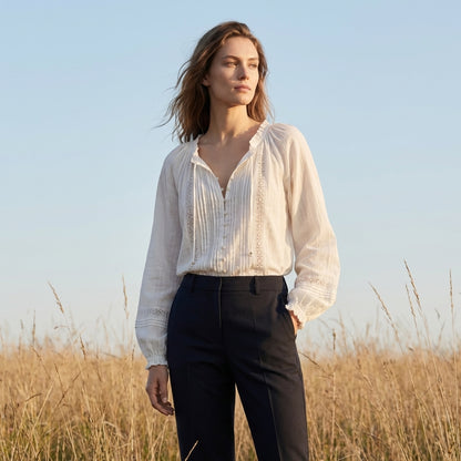 Bohemian-Inspired Pintuck and Lace Long Sleeve Blouse with Ruffled Neckline