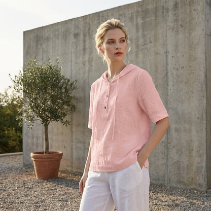Amelia Relaxed Hooded Blouse with Drawstring and High-Low Hem
