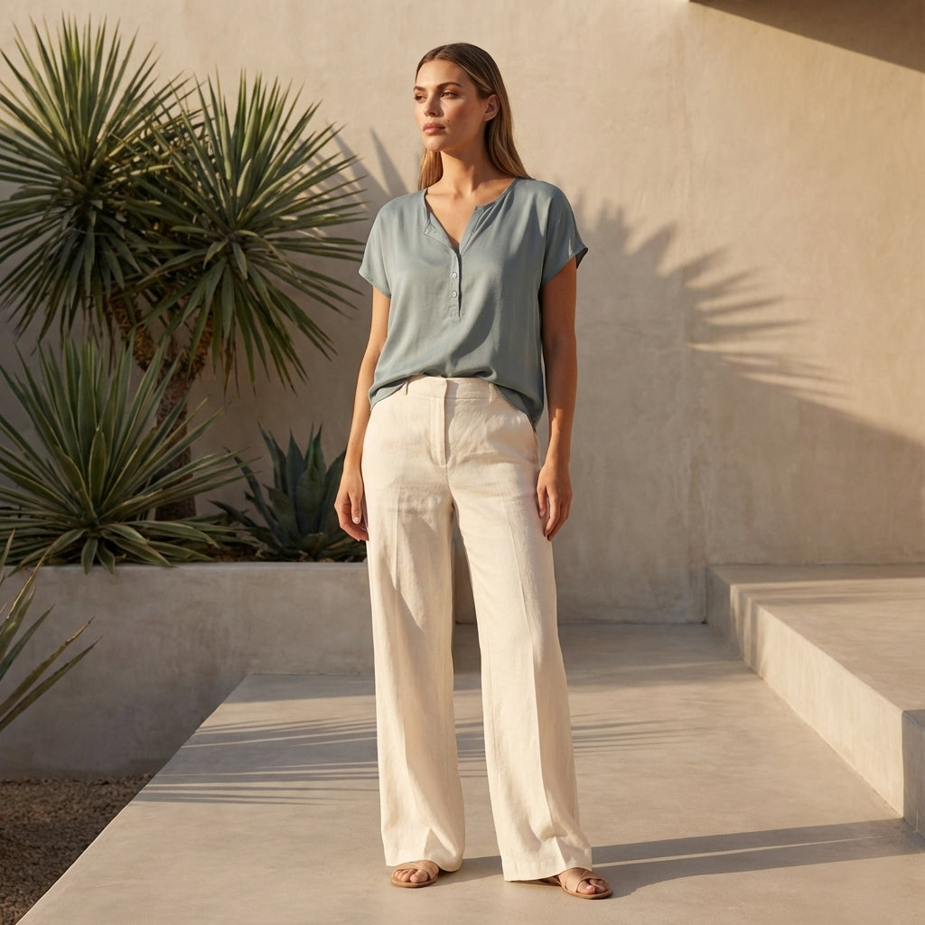 Elisa Relaxed V-Neck Short Sleeve Button-Detail Top