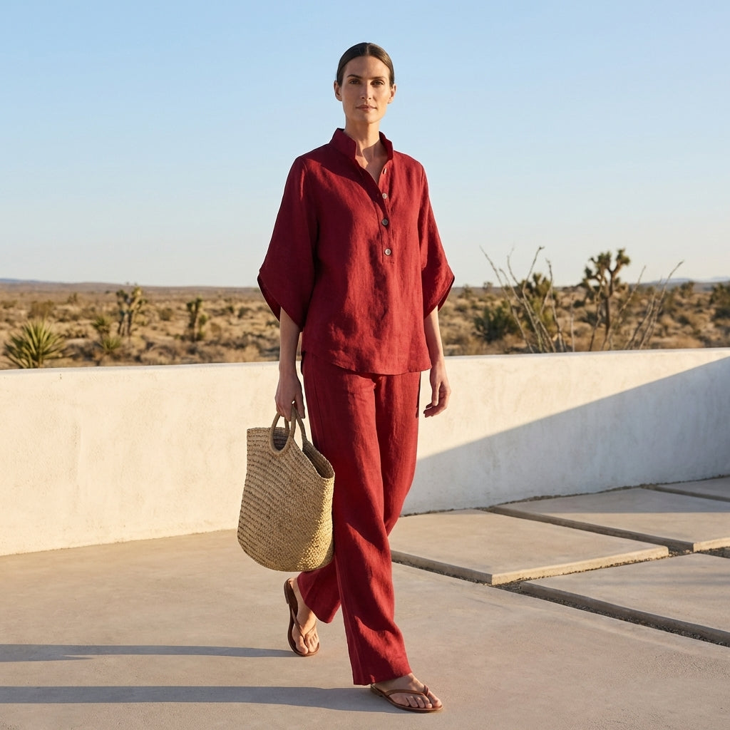 Woven Two-Piece Relaxed Shirt and Wide-Leg Trouser Set for Urban Leisure