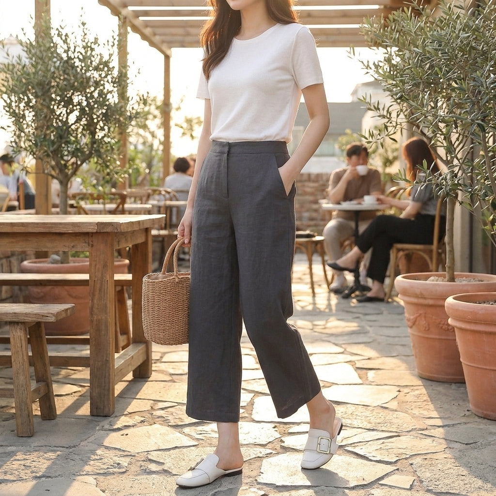 High-Waisted Wide-Leg Cropped Pants with Side-Slit Hem and Pockets