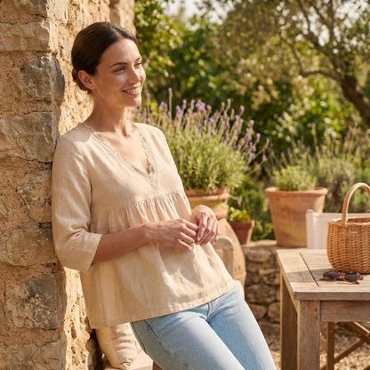 Lace-Trim V-Neck Pullover Top with Empire Waist and Flared Hem